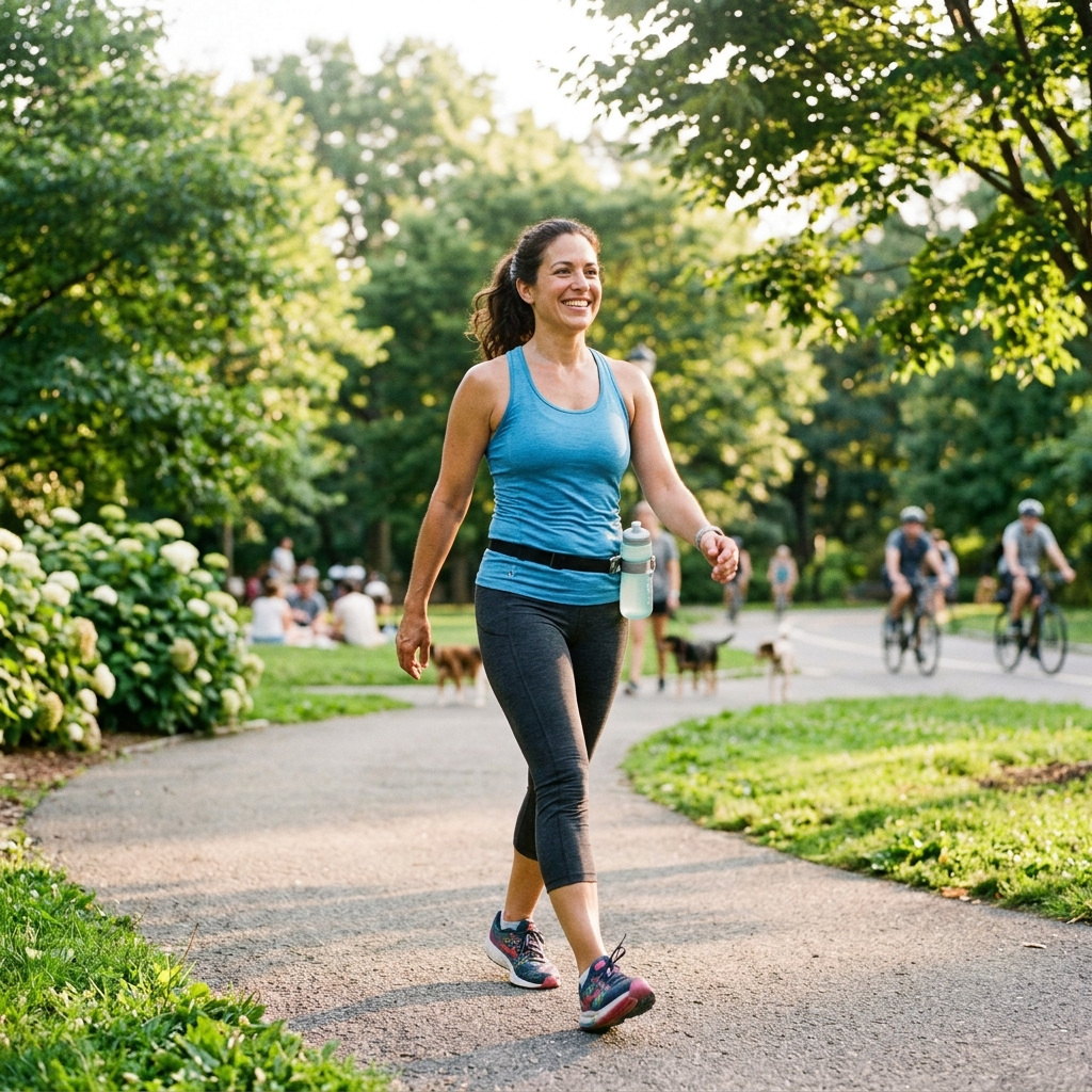 Woman walking happily in a park after successful UFE fibroid treatment