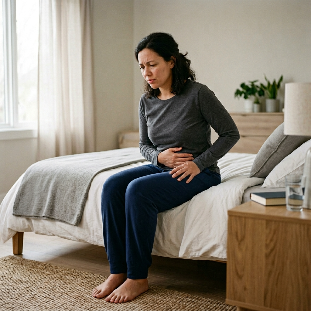 Woman sitting on bed in pain from fibroid symptoms — before UFE treatment
