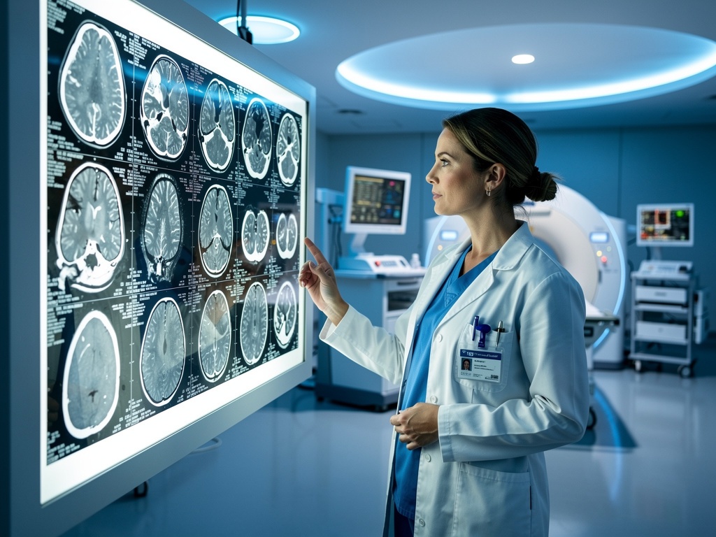 Interventional radiologist reviewing MRI scans for UFE planning at Atlanta Medical Clinic