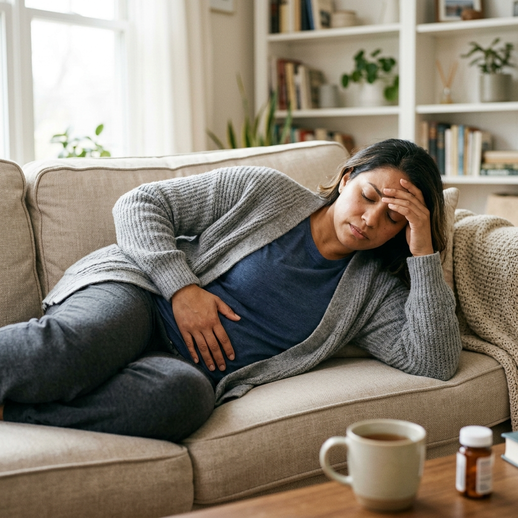 Woman experiencing fatigue and pelvic pain from uterine fibroids