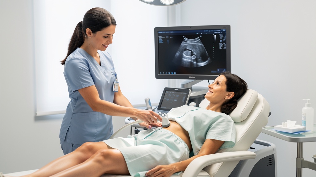 Patient receiving a pelvic ultrasound to diagnose fibroids